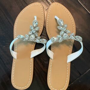 White and Tan Sandals with Crystal Embellishments